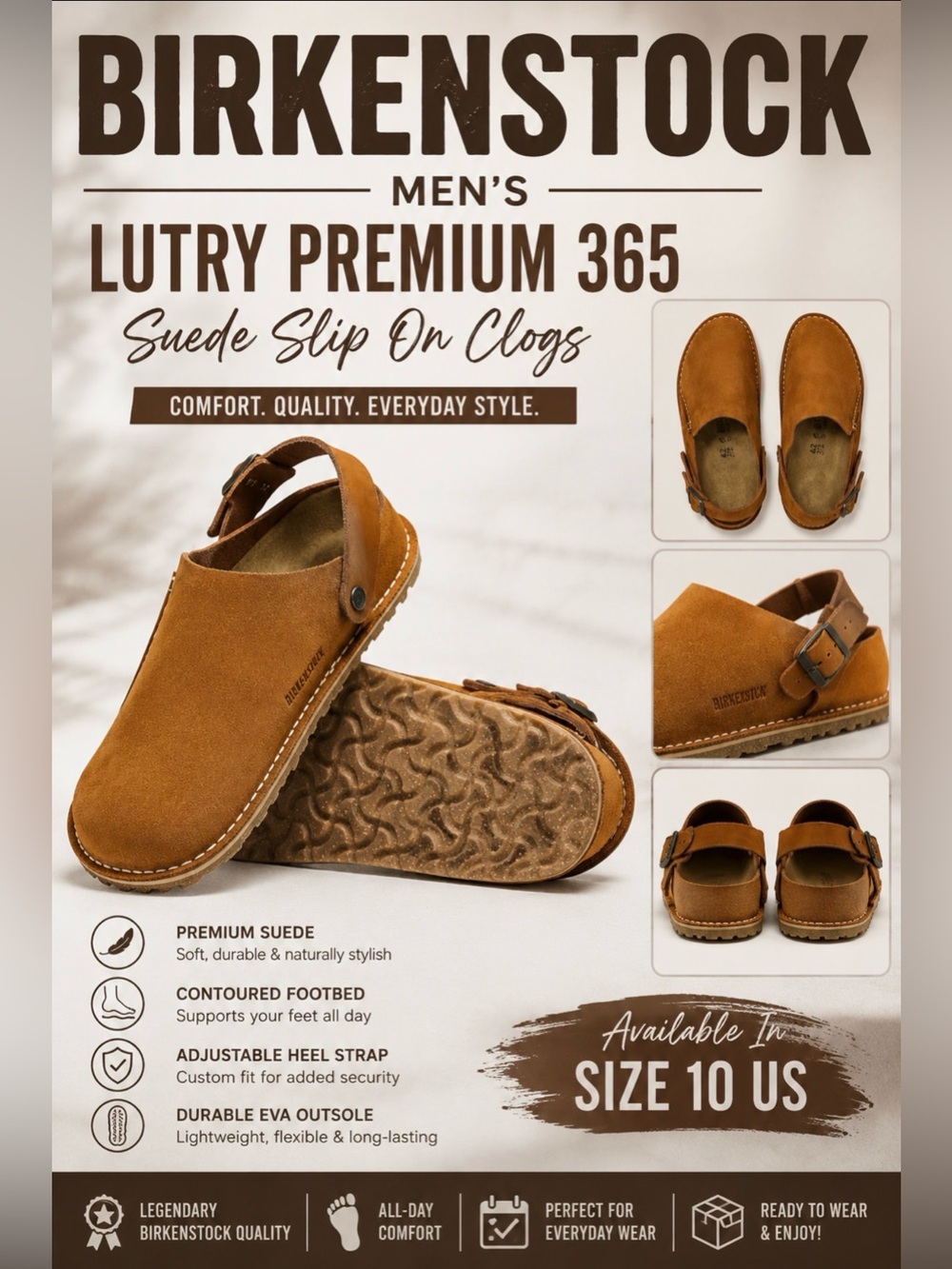 Birkenstock Lutry Premium 365 Suede Slip On Clogs, Size 10 US Mink(Rust)